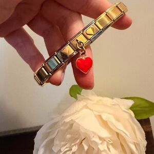 Gold tone Heart Italian Charm Bracelet with Red Heart Dangle